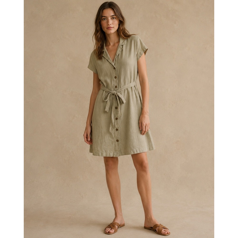 Quince Linen Button Front Shirt Dress Olive Green Short Sleeve Tie Waist XL